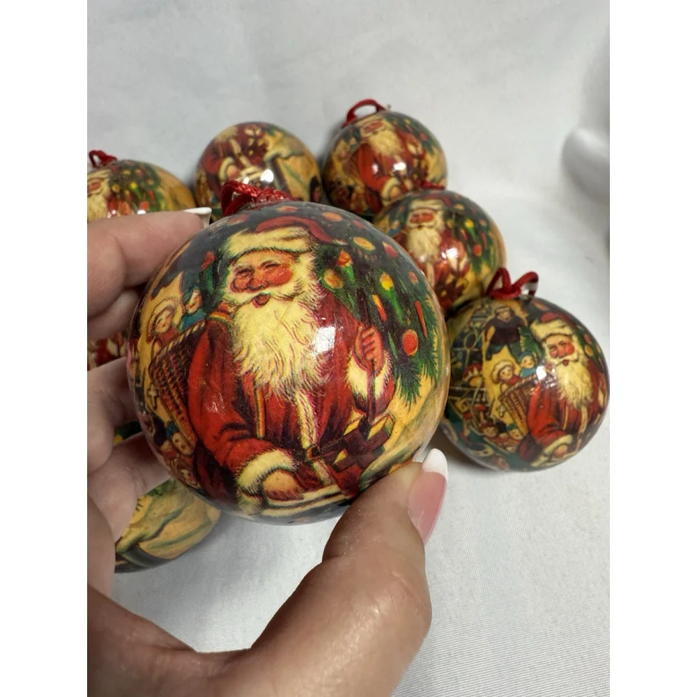 Vintage Paper Mache Christmas Ornament Small Round Santa w/Kids Lot Of 10 RARE